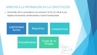 DERECHO A LA INFORMACIÓN EN LA CONSTITUCIÓN
 Artículo 86 y 87 en concordancia a los artículos 7 al 25; 47 y 48 de la Ley
Orgánica de Garantías Jurisdiccionales y Control Constitucional
Legitimidad
Activa
Requisitos Competencia
Procedimiento
Carga de la
Prueba
 