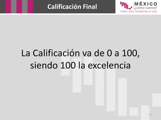 La Calificación va de 0 a 100,
siendo 100 la excelencia
12
Calificación Final
 