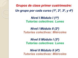 Grupos de clase primer cuatrimestre:
Un grupo por cada curso (1º, 2º, 3º, y 4º)
Nivel I Módulo I (1º)
Tutorías colectivas: Miércoles
Nivel I Módulo II (2º)
Tutorías colectivas: Lunes
Nivel II Módulo I (3º)
Tutorías colectivas: Miércoles
Nivel II Módulo II (4º)
Tutorías colectivas: Lunes
 