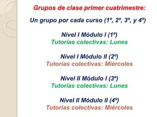 Grupos de clase primer cuatrimestre:
Un grupo por cada curso (1º, 2º, 3º, y 4º)
Nivel I Módulo I (1º)
Tutorías colectivas: Lunes
Nivel I Módulo II (2º)
Tutorías colectivas: Miércoles
Nivel II Módulo I (3º)
Tutorías colectivas: Lunes
Nivel II Módulo II (4º)
Tutorías colectivas: Miércoles
 