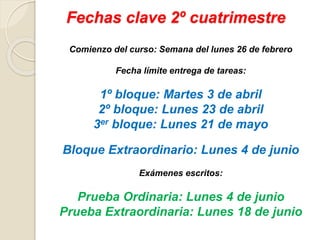 Fechas clave 2º cuatrimestre
Comienzo del curso: Semana del lunes 26 de febrero
Fecha límite entrega de tareas:
1º bloque: Martes 3 de abril
2º bloque: Lunes 23 de abril
3er bloque: Lunes 21 de mayo
Bloque Extraordinario: Lunes 4 de junio
Exámenes escritos:
Prueba Ordinaria: Lunes 4 de junio
Prueba Extraordinaria: Lunes 18 de junio
 