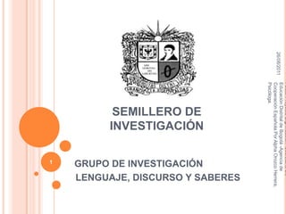 26/08/2011 Fotos: Proyecto Dignificación- Secretaría De Educación Distrital de Bogotá -Agencia de Cooperación Española.Por Alpha Orozco Herrera, Psicóloga. 1 SEMILLERO DE INVESTIGACIÓN GRUPO DE INVESTIGACIÓN LENGUAJE, DISCURSO Y SABERES 