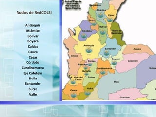 Nodos de RedCOLSI
Antioquia
Atlántico
Bolívar
Boyacá
Caldas
Cauca
Cesar
Córdoba
Cundinamarca
Eje Cafetero
Huila
Santander
Sucre
Valle
 