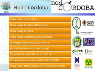 Nodo Córdoba
Universidad de Córdoba
Universidad Pontificia Bolivariana
Universidad del Sinú
Universidad Cooperativa de Colombia
Fundación Universitaria San Martín
Fundación Universitaria Luis Amigó
Corporación Unificada Nacional CUN
Corporación Universitaria del Caribe CECAR
Universidad Nacional Abierta y a Distancia UNAD
 