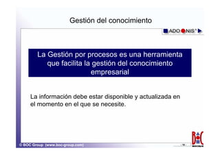 Gestión del conocimiento



        La Gestión por procesos es una herramienta
           que facilita la gestión del conocimiento
                          empresarial


     La información debe estar disponible y actualizada en
     el momento en el que se necesite.




© BOC Group (www.boc-group.com)                              - 16 -
 