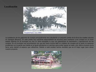 Localización La instalaci ó n de los galpones de conejos principalmente ser á  alquilando un peque ñ o predio de la finca los rosales ubicada en Garagoa (Boyac á ). En este predio hay suficiente disponibilidad de recursos para mantener a los conejos en un buen estado adem á s en el municipio se vive un clima templado lo que nos garantizara el crecimiento y reproducci ó n de los conejos. En el municipio nos encontramos con que les hac í a mucha falta un criadero de conejos por lo tanto no tenemos problemas con la gente que habita en el igual solicitamos un permiso para poder operar en este y por  ú ltimo el precio de la tierra seria debido al espacio que utilicemos. Debido a este an á lisis hemos decidido que es el mejor lugar para ubicar nuestro proyecto. 