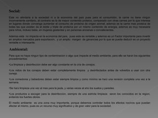 Social: Este no afectar í a a la sociedad ni a la econom í a del pa í s pues para el consumidor, la carne no tiene ning ú n inconveniente sanitario, al contrario es la de mayor contenido proteico, comparado con otras carnes por lo que interesa en lugares donde convenga aumentar el consumo de prote í na de origen animal, adem á s es la carne mas proteica de todas las que existen da el doble y triple de prote í na por un mismo contenido de energ í a, adem á s es muy necesaria para ni ñ os, incluso bebe, en mujeres gestantes y en personas ancianas o convalecientes. Adem á s esta  no impacta en la econom í a del pa í s,  pues este es rentable y adem á s es un Factor importante para invertir en amplios mercados para exportaci ó n,  y un amplio  margen  de ganancias por lo que se puede deducir es un proyecto rentable e interesante. Ambiental: Para que no haya ning ú n tipo de contaminaci ó n o algo que impacte al medio ambiente, para ello se har á n los siguientes procedimientos: La limpieza y desinfecci ó n debe ser algo constante en la cr í a de conejos. Los nidos de los conejos deben estar completamente limpios  y desinfectados antes de volverlos a usar con otra coneja. Los comedores y bebedores deben estar siempre limpios y como m í nimo se har á  una revisi ó n completa una vez a la semana. Se har á  limpieza una vez al mes para la jaula, y varias veces al a ñ o los suelos y paredes. Los productos a escoger para la desinfecci ó n, siempre de una estricta limpieza  ser á n los conocidos en la regi ó n, evitando los fuertes olores. El medio ambiente  es una zona muy importante, porque debemos controlar todos los efectos nocivos que puedan afectar al mismo, pues es un recurso muy significativo y de gran valor para la sociedad. 