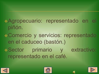  Agropecuario:   representado en el
  piñón.
 Comercio y servicios: representado
  en el caduceo (bastón.)
 Sector    primario   y extractivo:
  representado en el café.
 
