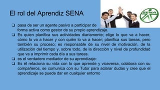 El rol del Aprendiz SENA
❏ pasa de ser un agente pasivo a participar de
forma activa como gestor de su propio aprendizaje.
❏ Es quien planifica sus actividades diariamente; elige lo que va a hacer,
cómo lo va a hacer y con quién lo va a hacer; planifica sus tareas, pero
también su proceso; es responsable de su nivel de motivación, de la
utilización del tiempo y, sobre todo, de la dirección y nivel de profundidad
que va a imprimir cada día a sus tareas.
❏ es el verdadero mediador de su aprendizaje:
❏ Es él relaciona su vida con lo que aprende y viceversa, colabora con su
compañeros, se comunica con su Tutor para aclarar dudas y cree que el
aprendizaje se puede dar en cualquier entorno
 