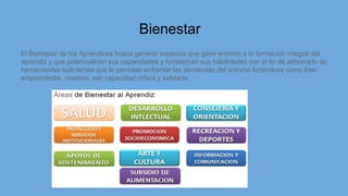 Bienestar
El Bienestar de los Aprendices busca generar espacios que giren entorno a la formación integral del
aprendiz y que potencialicen sus capacidades y fortalezcan sus habilidades con el fin de atiborrarlo de
herramientas suficientes que le permitan enfrentar las demandas del entorno forjándose como líder
emprendedor, creativo, con capacidad crítica y solidario
 