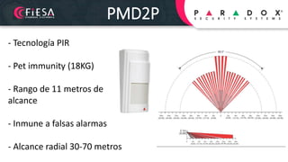 PMD2P
- Tecnología PIR
- Pet immunity (18KG)
- Rango de 11 metros de
alcance
- Inmune a falsas alarmas
- Alcance radial 30...