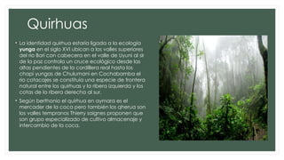 Quirhuas
• La identidad quirhua estaría ligada a la ecología
yunga en el siglo XVI ubican a los valles superiores
del rio Bori con cabecera en el valle de Uyuni al sir
de la paz controla un cruce ecológico desde las
altas pendientes de la cordillera real hasta los
chapi yungas de Chulumani en Cochabamba el
rio cotacajes se constituía una especie de frontera
natural entre los quirhuas y la ribera izquierda y los
cotas de la ribera derecha al sur.
• Según berthonio el quirhua en aymara es el
mercader de la coca pero también los qherua son
los valles tempranos Thierry saignes proponen que
son grupo especializado de cultivo almacenaje y
intercambio de la coca.
 