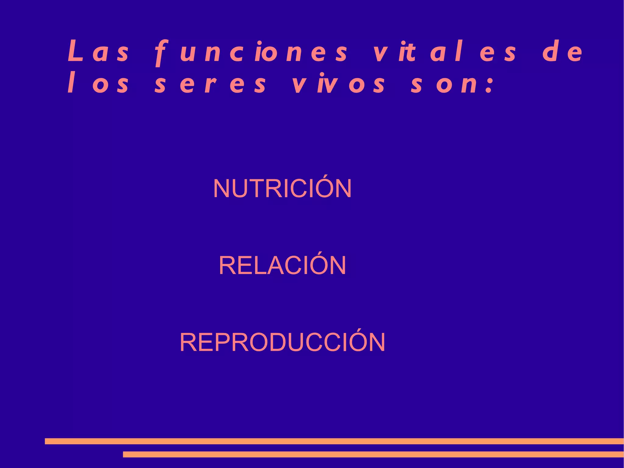 Las funciones vitales de los seres vivos son: NUTRICIÓN RELACIÓN REPRODUCCIÓN 