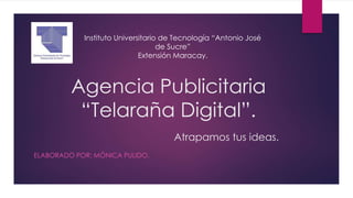 Agencia Publicitaria
“Telaraña Digital”.
Atrapamos tus ideas.
ELABORADO POR: MÓNICA PULIDO.
Instituto Universitario de Tecnología “Antonio José
de Sucre”
Extensión Maracay.
 