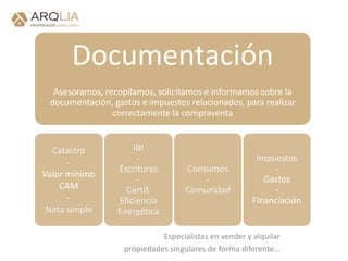 Especialistas en vender y alquilar
propiedades singulares de forma diferente…
Documentación
Asesoramos, recopilamos, solicitamos e informamos sobre la
documentación, gastos e impuestos relacionados, para realizar
correctamente la compraventa
Catastro
-
Valor mínimo
CAM
-
Nota simple
IBI
-
Escrituras
-
Certif.
Eficiencia
Energética
Consumos
-
Comunidad
Impuestos
-
Gastos
-
Financiación
 