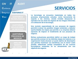 www.civitaudit.es
CIV IT AUDIT
Confianza
Integridad
Valor
SERVICIOS
AUDITORIAS
TECNOLÓGICAS
AUDITORIAS
APLICACIONES
DE NEGOCIO
AUDITORIAS
PROCESOS DE
NEGOCIO
ANÁLISIS
MÁSIVO
DE DATOS
AUDITORIAS IT
La tecnología se encuentra implantada en todos los
procesos empresariales actuales, como herramienta de
soporte a los mismos, siendo inviable desasociar la
operativa de sus áreas de negocio de los riesgos inherentes
a la utilización de la tecnología.
Una revisión especializada de sus procesos de negocio
permitirá evaluar los posibles riesgos existentes y detectar
oportunidades de mejora que permita a su empresa obtener
opciones de mejorar el rendimiento de sus procesos de
negocio.
Dichas evaluaciones permitirán definir un mapa de trabajo
que permita avanzar en las distintas etapas de madurez a su
organización hasta alcanzar un punto óptimo de desempeño
que permita maximizar sus beneficios con el menor coste
posible, obteniendo ventaja competitiva de los avances
tecnológicos existentes en su alineamiento con sus
objetivos de negocio.
 