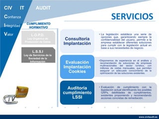 www.civitaudit.es
CIV IT AUDIT
Confianza
Integridad
Valor
SERVICIOS
L.O.P.D.
Ley Orgánica de
Protección de Datos
L.S.S.I
Ley de Servicios de la
Sociedad de la
Información
CUMPLIMIENTO
NORMATIVO
• La legislación establece una serie de
opciones que, garantizando siempre la
confidencialidad del usuario, permite a la
empresa establecer diferentes soluciones
para cumplir con la legislación actual en
base a sus necesidades de negocio.
Consultoria
Implantación
•Disponemos de experiencia en el análisis y
recomendación de soluciones de empresas
multinacionales del sector turístico, con
millones de visitas mensuales, que permiten
asegurar un adecuado conocimiento de la
optimización de las soluciones existentes.
Evaluación
Implantación
Cookies
• Evaluación de cumplimiento con la
legislación actual identificando los posibles
GAPs, debilidades de cumplimientos,
existentes proponiendo y recomendando
acciones concretas de remediación.
Auditoria
cumplimiento
LSSI
 