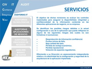 www.civitaudit.es
CIV IT AUDIT
Confianza
Integridad
Valor
SERVICIOS
AUDITORIAS
TECNOLÓGICAS
AUDITORIAS
APLICACIONES
DE NEGOCIO
AUDITORIAS
PROCESOS DE
NEGOCIO
ANÁLISIS
MÁSIVO
DE DATOS
AUDITORIAS IT
El objetivo de dichas revisiones es evaluar los controles
implantados para asegurar la disponibilidad, integridad y
confidencialidad de la información contenida en las
diferentes aplicaciones de negocio, en su empresa.
Se identifican los posibles riesgos debidos a la actual
configuración o uso de la aplicación que pueda reflejarse en
alguno de los siguientes riesgos (los cuales no son
limitativos ni exclusivos):
– Desprotección de información confidencial.
– Puntos únicos de fallo.
– Baja calidad del dato.
– Perdida de ventaja económica.
– Perdida reputacional.
– Violación de aspectos regulatorios.
Ofreciendo a su Dirección un asesoramiento independiente
relativo a la efectividad de la configuración y seguridad de la
arquitectura de la aplicación implantada.
.
 
