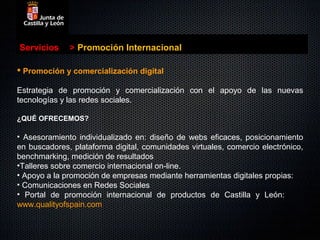 Servicios     > Promoción Internacional

 Promoción y comercialización digital

Estrategia de promoción y comercialización con el apoyo de las nuevas
tecnologías y las redes sociales.

¿QUÉ OFRECEMOS?

• Asesoramiento individualizado en: diseño de webs eficaces, posicionamiento
en buscadores, plataforma digital, comunidades virtuales, comercio electrónico,
benchmarking, medición de resultados
•Talleres sobre comercio internacional on-line.
• Apoyo a la promoción de empresas mediante herramientas digitales propias:
• Comunicaciones en Redes Sociales
• Portal de promoción internacional de productos de Castilla y León:
www.qualityofspain.com
 
