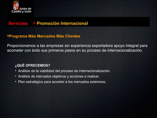 Servicios       > Promoción Internacional

Programa Más Mercados Más Clientes

Proporcionamos a las empresas sin experiencia exportadora apoyo integral para
acometer con éxito sus primeros pasos en su proceso de internacionalización.


    ¿QUÉ OFRECEMOS?
    • Análisis de la viabilidad del proceso de internacionalización.
    • Análisis de mercados objetivos y acciones a realizar.
    • Plan estratégico para acceder a los mercados exteriores.
 