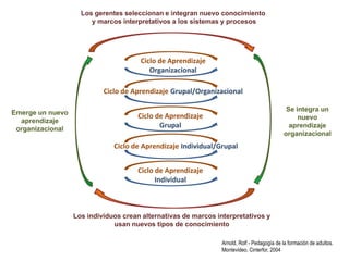 Los gerentes seleccionan e integran nuevo conocimiento
                       y marcos interpretativos a los sistemas y procesos




                                      Ciclo de Aprendizaje
                                         Organizacional

                           Ciclo de Aprendizaje Grupal/Organizacional

                                                                                             Se integra un
Emerge un nuevo
                                     Ciclo de Aprendizaje                                        nuevo
  aprendizaje
 organizacional
                                            Grupal                                            aprendizaje
                                                                                            organizacional
                              Ciclo de Aprendizaje Individual/Grupal


                                     Ciclo de Aprendizaje
                                           Individual



                  Los individuos crean alternativas de marcos interpretativos y
                              usan nuevos tipos de conocimiento

                                                                Arnold, Rolf - Pedagogía de la formación de adultos.
                                                                Montevideo, Cinterfor, 2004
 