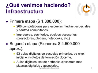 ¿Qué venimos haciendo?
Infraestructura
 Primera etapa ($ 1.300.000):
    260 computadoras para escuelas medias, especiales...