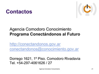 Contactos


 Agencia Comodoro Conocimiento
 Programa Conectándonos al Futuro

 http://conectandonos.gov.ar
 conectandonos@...