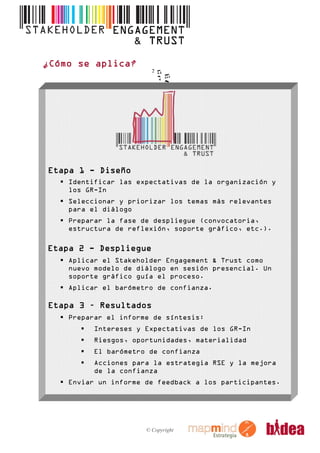 ¿Cómo se aplica?




Etapa 1 - Diseño
    Identificar las expectativas de la organización y
    los GR-In
    Seleccionar y priorizar los temas más relevantes
    para el diálogo
    Preparar la fase de despliegue (convocatoria,
    estructura de reflexión, soporte gráfico, etc.).

Etapa 2 - Despliegue
    Aplicar el Stakeholder Engagement & Trust como
    nuevo modelo de diálogo en sesión presencial. Un
    soporte gráfico guía el proceso.
    Aplicar el barómetro de confianza.

Etapa 3 – Resultados
    Preparar el informe de síntesis:
          Intereses y Expectativas de los GR-In
          Riesgos, oportunidades, materialidad
          El barómetro de confianza
          Acciones para la estrategia RSE y la mejora
          de la confianza
    Enviar un informe de feedback a los participantes.




                      © Copyright
 