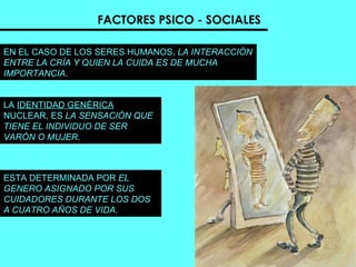 FACTORES PSICO - SOCIALES EN EL CASO DE LOS SERES HUMANOS,  LA INTERACCIÓN ENTRE LA CRÍA Y QUIEN LA CUIDA ES DE MUCHA IMPORTANCIA .  LA  IDENTIDAD GENÉRICA  NUCLEAR, ES  LA SENSACIÓN QUE TIENE EL INDIVIDUO DE SER VARÓN O MUJER .  ESTA DETERMINADA POR  EL GENERO ASIGNADO POR SUS CUIDADORES DURANTE LOS DOS A CUATRO AÑOS DE VIDA .  