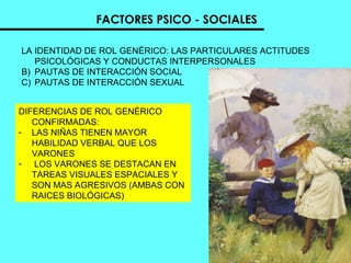 FACTORES PSICO - SOCIALES LA IDENTIDAD DE ROL GENÉRICO: LAS PARTICULARES ACTITUDES PSICOLÓGICAS Y CONDUCTAS INTERPERSONALES  PAUTAS DE INTERACCIÓN SOCIAL  PAUTAS DE INTERACCIÓN SEXUAL  DIFERENCIAS DE ROL GENÉRICO CONFIRMADAS: LAS NIÑAS TIENEN MAYOR HABILIDAD VERBAL QUE LOS VARONES LOS VARONES SE DESTACAN EN TAREAS VISUALES ESPACIALES Y SON MAS AGRESIVOS (AMBAS CON RAICES BIOLÓGICAS)  