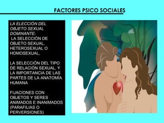 FACTORES PSICO SOCIALES LA ELECCIÓN DEL OBJETO SEXUAL DOMINANTE : LA SELECCIÓN DE OBJETO SEXUAL, HETEROSEXUAL O HOMOSEXUAL,  LA SELECCIÓN DEL TIPO DE RELACIÓN SEXUAL, Y LA IMPORTANCIA DE LAS PARTES DE LA ANATOMÍA HUMANA  FIJACIONES CON OBJETOS Y SERES ANIMADOS E INANIMADOS (PARAFILIAS O PERVERSIONES)  