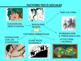 FACTORES PSICO SOCIALES ELECCIÓN DEL  OBJETO SEXUAL SEXUALIDAD  INFANTIL  TEORIZADA POR S. FREUD (SIGLO XIX) TABÚ CULTURAL  FACTORES AMBIENTALES  INTERACCIÓN CON LOS CUIDADORES CLASE SOCIO ECONÓMICA LO CULTURAL – VALÓRICO  