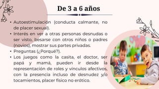 • Autoestimulación (conducta calmante, no
de placer sexual).
• Interés en ver a otras personas desnudas o
ser visto, besarse con otros niños o padres
(novios), mostrar sus partes privadas.
• Preguntas (¿Porqué?).
• Los juegos como la casita, el doctor, ser
papá y mamá, pueden ir desde la
representación de roles y vínculos afectivos,
con la presencia incluso de desnudez y/o
tocamientos, placer físico no erótico.
De 3 a 6 años
 