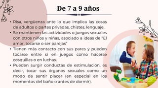 • Risa, vergüenza ante lo que implica las cosas
de adultos o partes privadas, chistes, lenguaje.
• Se mantienen las actividades o juegos sexuales
con otros niños y niñas, asociado a ideas de “El
amor, tocarse o ser parejas”
• Tienen más contacto con sus pares y pueden
tocarse entre sí en juegos como hacerse
cosquillas o en luchas.
• Pueden surgir conductas de estimulación, es
decir, tocar sus órganos sexuales como un
modo de sentir placer (en especial en los
momentos del baño o antes de dormir).
De 7 a 9 años
 
