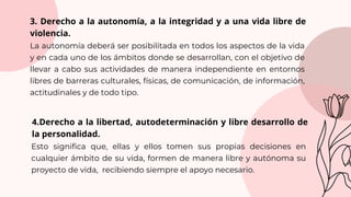 Esto significa que, ellas y ellos tomen sus propias decisiones en
cualquier ámbito de su vida, formen de manera libre y autónoma su
proyecto de vida, recibiendo siempre el apoyo necesario.
3. Derecho a la autonomía, a la integridad y a una vida libre de
violencia.
La autonomía deberá ser posibilitada en todos los aspectos de la vida
y en cada uno de los ámbitos donde se desarrollan, con el objetivo de
llevar a cabo sus actividades de manera independiente en entornos
libres de barreras culturales, físicas, de comunicación, de información,
actitudinales y de todo tipo.
4.Derecho a la libertad, autodeterminación y libre desarrollo de
la personalidad.
 