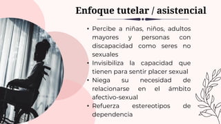 Enfoque tutelar / asistencial
• Percibe a niñas, niños, adultos
mayores y personas con
discapacidad como seres no
sexuales
• Invisibiliza la capacidad que
tienen para sentir placer sexual
• Niega su necesidad de
relacionarse en el ámbito
afectivo-sexual
• Refuerza estereotipos de
dependencia
 