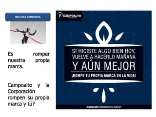 MEJORA CONTINUA
Es romper
nuestra propia
marca.
Campoalto y la
Corporación
rompen su propia
marca y tú?
 