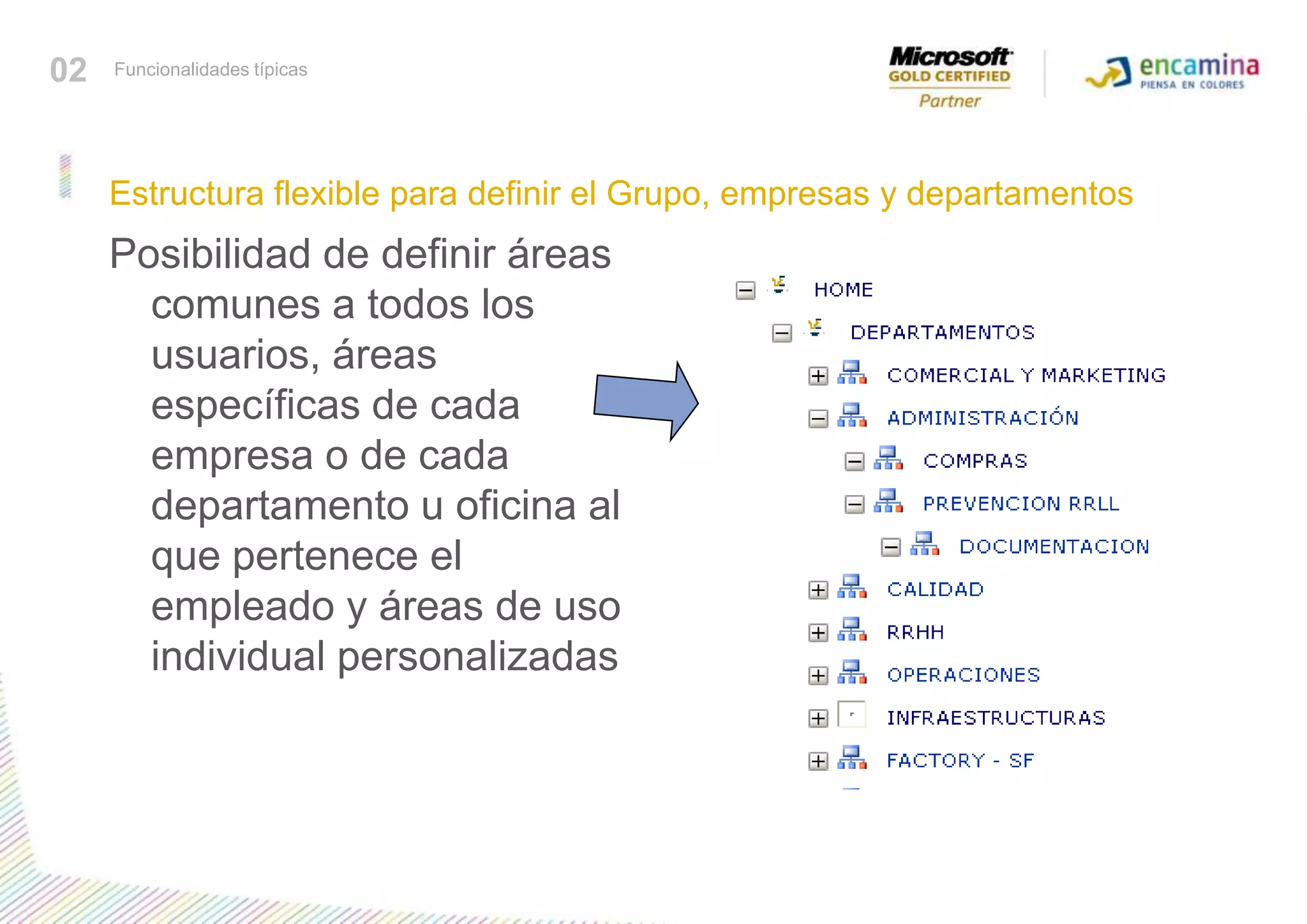 02Funcionalidades típicasEstructura flexible para definir el Grupo, empresas y departamentosPosibilidad de definir áreas comunes a todos los usuarios, áreas específicas de cada empresa o de cada departamento u oficina al que pertenece el empleado y áreas de uso individual personalizadas