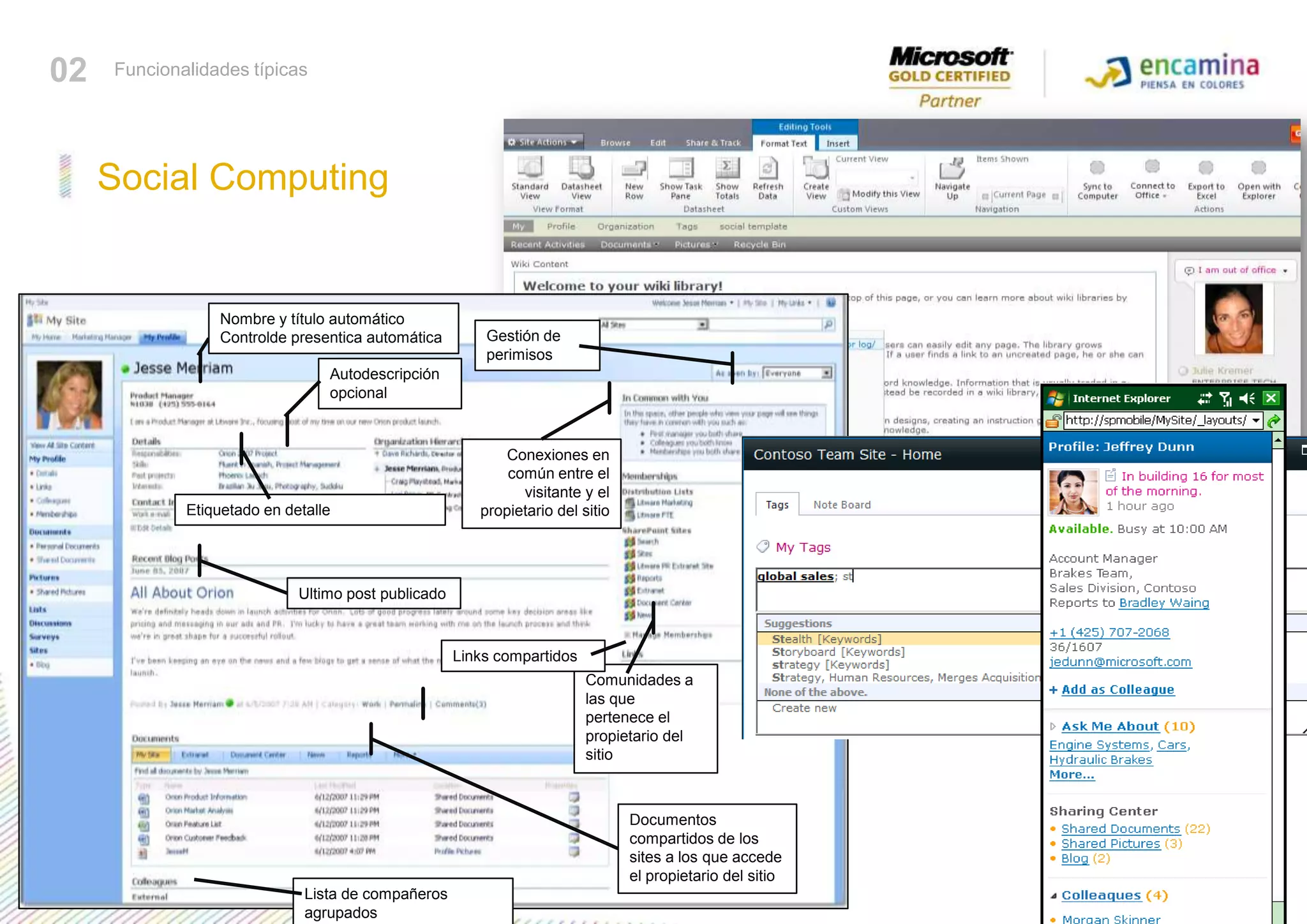 Social Computing02Funcionalidades típicasNombre y títuloautomáticoControldepresenticaautomáticaGestión de perimisosAutodescripciónopcionalConexiones en común entre el visitante y el propietario del sitioEtiquetado en detalleUltimo post publicadoComunidades a las quepertenece el propietario del sitioLinks compartidosDocumentoscompartidos de los sites a los que accede el propietario del sitioLista de compañerosagrupados