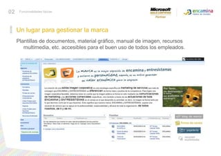 Plantillas de documentos, material gráfico, manual de imagen, recursos multimedia, etc. accesibles para el buen uso de todos los empleados.Conocer funcionalidades típicasUn lugar para gestionar la marca02Funcionalidades típicas
