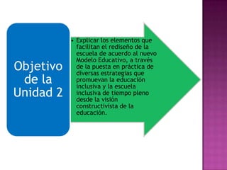 • Explicar los elementos que
facilitan el rediseño de la
escuela de acuerdo al nuevo
Modelo Educativo, a través
de la puesta en práctica de
diversas estrategias que
promuevan la educación
inclusiva y la escuela
inclusiva de tiempo pleno
desde la visión
constructivista de la
educación.
Objetivo
de la
Unidad 2
 