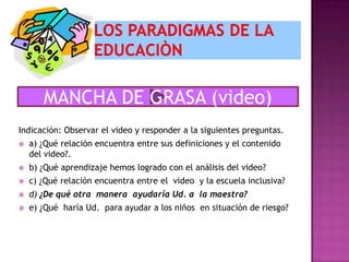 Indicación: Observar el video y responder a la siguientes preguntas.
 a) ¿Qué relación encuentra entre sus definiciones y el contenido
del video?.
 b) ¿Qué aprendizaje hemos logrado con el análisis del video?
 c) ¿Qué relación encuentra entre el video y la escuela inclusiva?
 d) ¿De qué otra manera ayudaría Ud. a la maestra?
 e) ¿Qué haría Ud. para ayudar a los niños en situación de riesgo?
MANCHA DE GRASA (video)
 