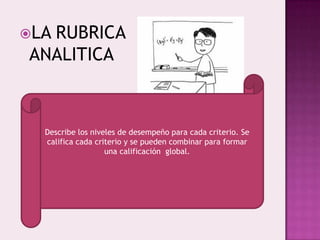 LA RUBRICA
ANALITICA
Describe los niveles de desempeño para cada criterio. Se
califica cada criterio y se pueden combinar para formar
una calificación global.
 