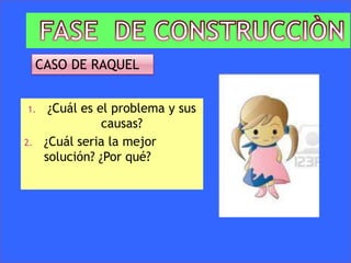 1. ¿Cuál es el problema y sus
causas?
2. ¿Cuál seria la mejor
solución? ¿Por qué?
CASO DE RAQUEL
 