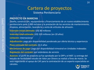 31

                                                Cartera de proyectos
                                                         Sistema Penitenciario
                             PROYECTO EN MARCHA
Cartera de proyectos (PPP)




                             Diseño, construcción, equipamiento y financiamiento de un nuevo establecimiento
                             penitenciario para 2.000 reclusos y la prestación de los servicios de mantenimiento,
                             limpieza, alimentación, lavandería y venta de artículos de almacén.
                             Inversión inicial estimada: US$ 80 millones
                             Inversión total estimada: US$ 320 millones (en 20 años)
                             Licitación: internacional
                             Adjudicación: pago por disponibilidad ponderado por oferta técnica y experiencia
                             Plazo estimado del contrato: 22,5 años
                             Mecanismos de pago: pago por disponibilidad trimestral en Unidades Indexadas
                             Regulación del contrato: por estándares de servicio
                             Avances: el perfil de proyecto ya fue aprobado por la OPP y el MEF. La entrega del
                             estudio de factibilidad estudio de Valor por Dinero se realizó a fines de marzo. Se
                             está negociando el apoyo de CAF para la contratación de un experto especialista en
                             cárceles.
 
