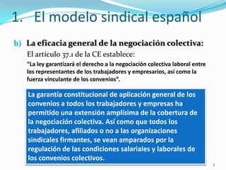 1. El modelo sindical español
b) La eficacia general de la negociación colectiva:
El artículo 37.1 de la CE establece:
“La...