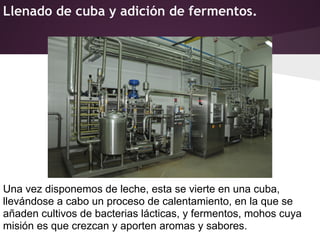Llenado de cuba y adición de fermentos.




Una vez disponemos de leche, esta se vierte en una cuba,
llevándose a cabo un proceso de calentamiento, en la que se
añaden cultivos de bacterias lácticas, y fermentos, mohos cuya
misión es que crezcan y aporten aromas y sabores.
 