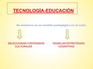 TECNOLOGÍA-EDUCACIÓN


     Se enmarca en un modelo pedagógico en el cual:




SELECCIONAN CONTENIDOS       MODELAN ESTRATEGIAS
    CULTURALES                  COGNITIVAS
 