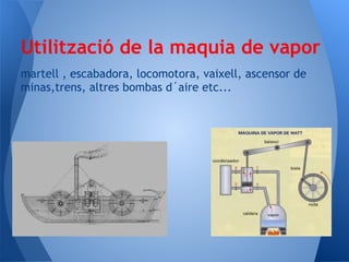 Utilització de la maquia de vapor
martell , escabadora, locomotora, vaixell, ascensor de
minas,trens, altres bombas d´aire etc...
 