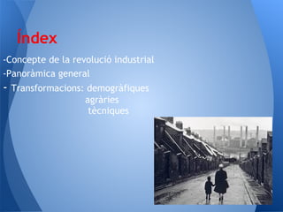 Índex
-Concepte de la revolució industrial
-Panoràmica general
-   Transformacions: demogràfiques
                    agràries
                     tècniques
 